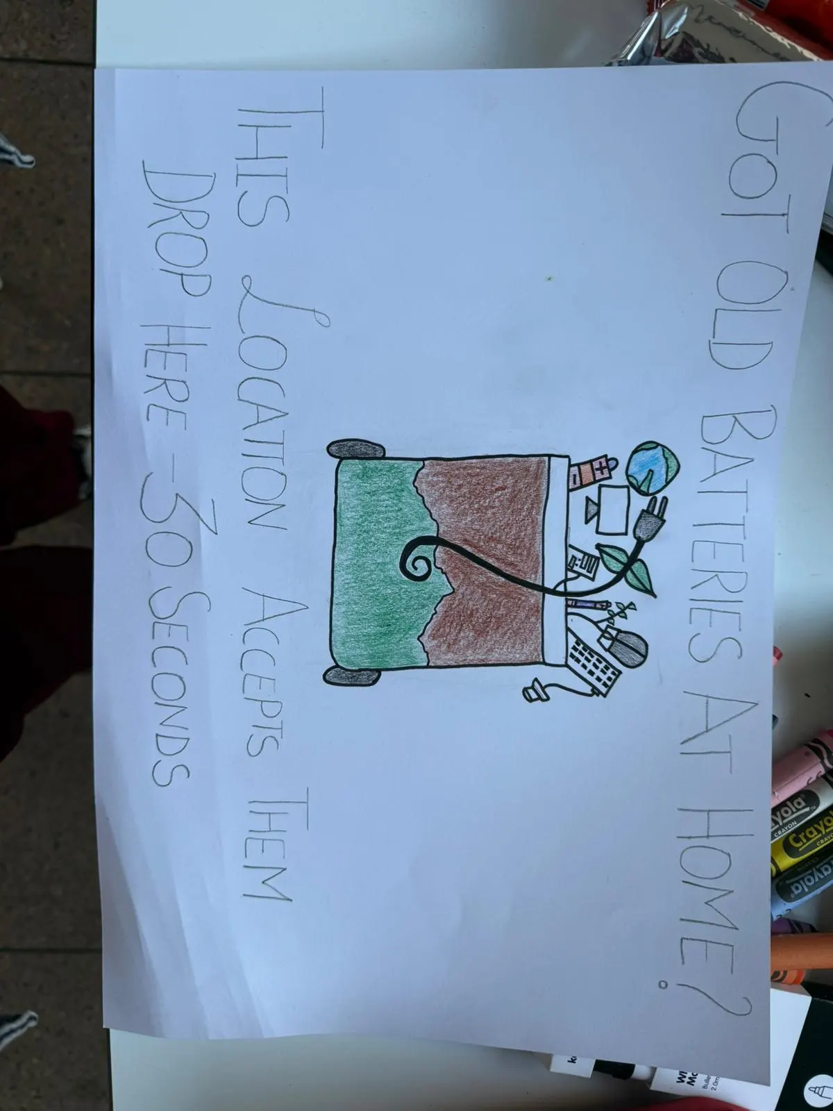 Old batteries drop here poster with an illustrated collection bin