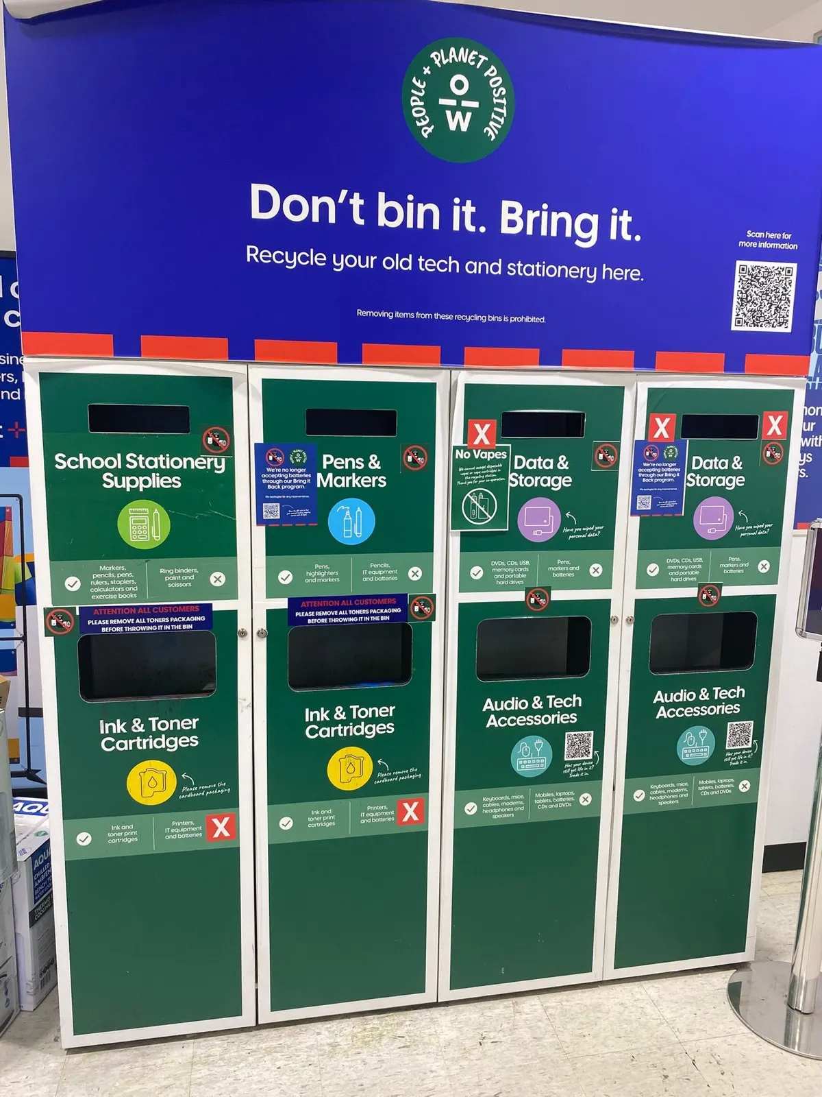 Large tech and stationery recycling station with clear category labels