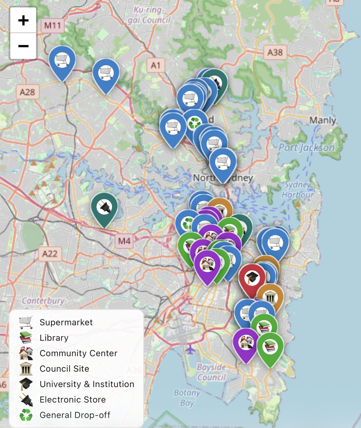 SheRecycles map showing recovery points across Sydney